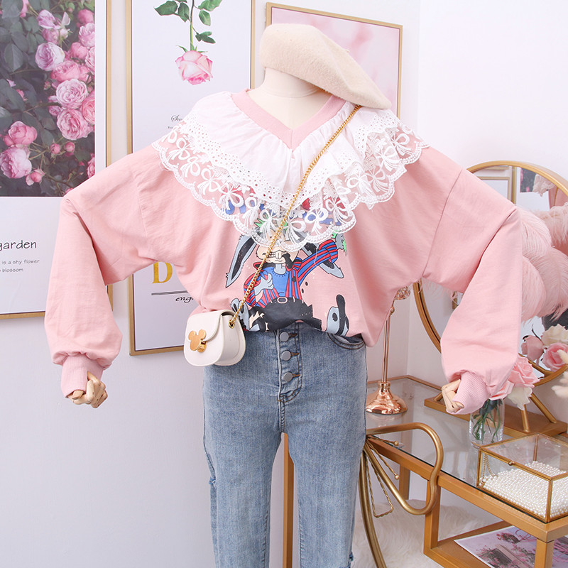 Νέο μοντέλο γυναικεία μοντέρνα μπλούζα με κορδέλα και δαντέλα σε μπλε και ροζ χρώμα