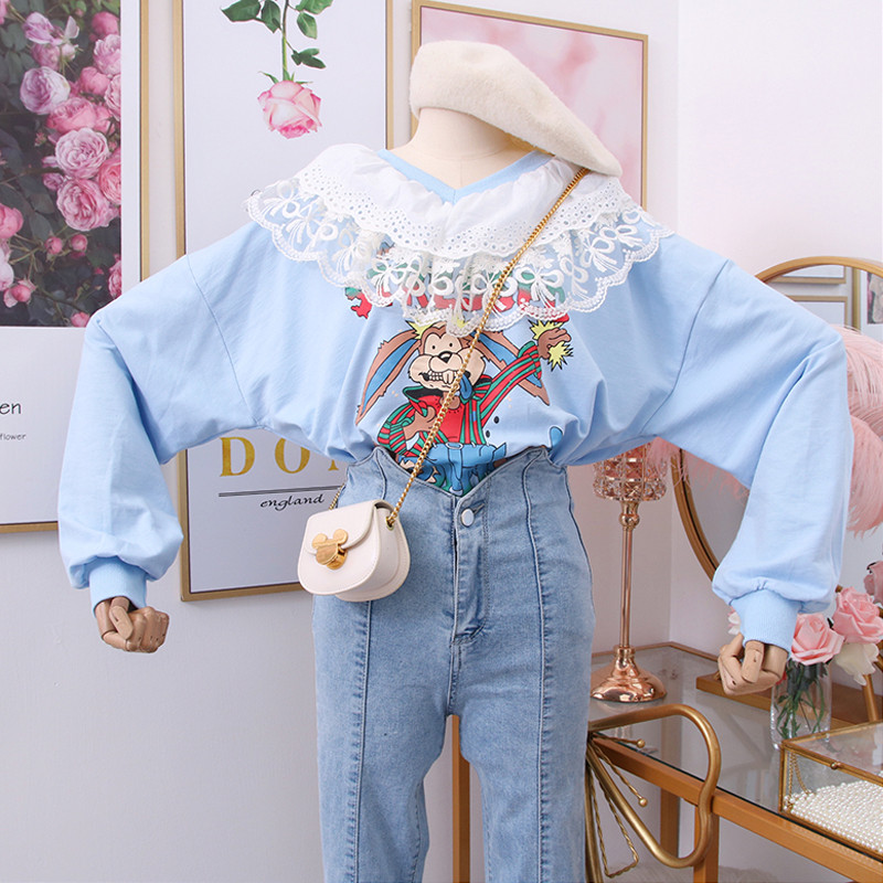 Νέο μοντέλο γυναικεία μοντέρνα μπλούζα με κορδέλα και δαντέλα σε μπλε και ροζ χρώμα