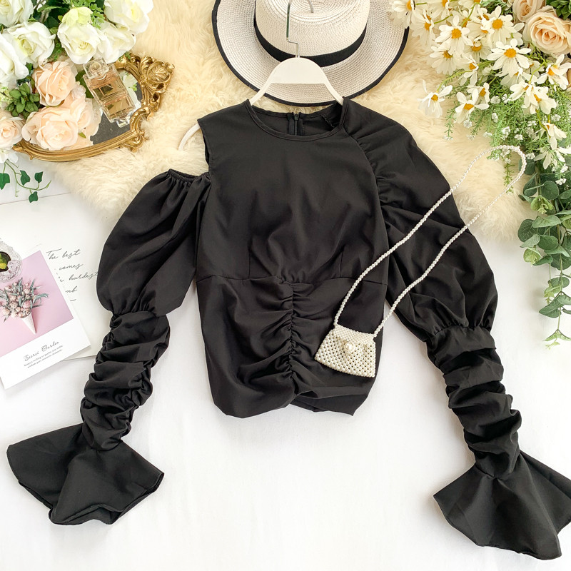 Bluză de damă modernă cu mâneci lungi și umăr gol în negru