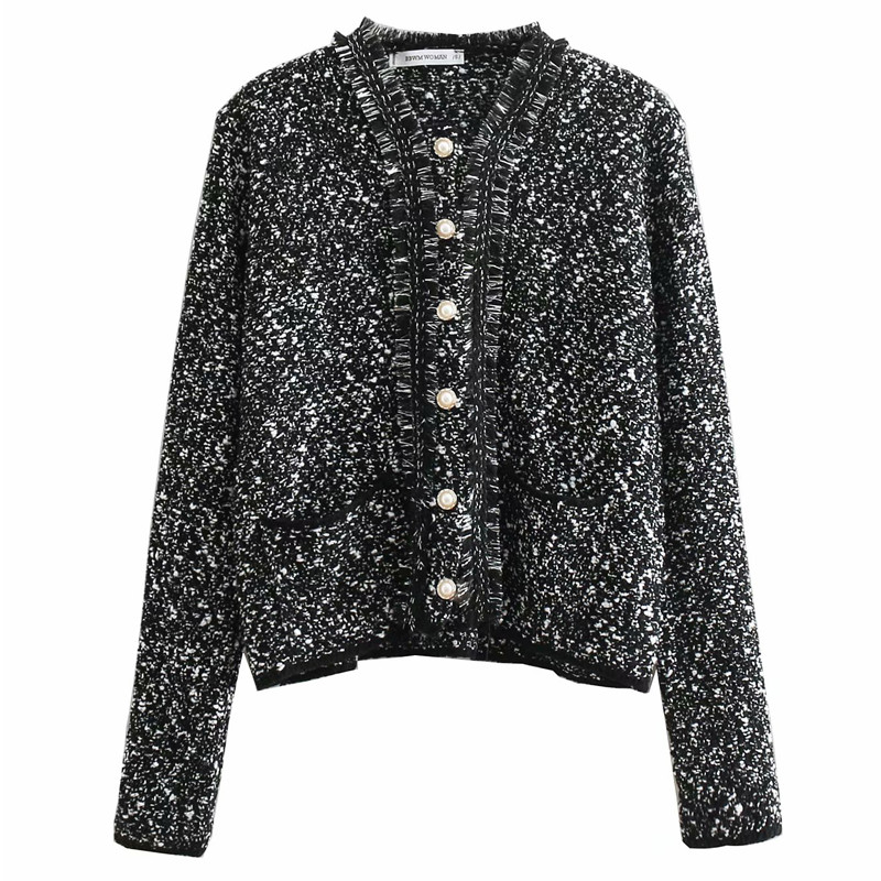 Дамско сако с копчета и джобове в черно-бял цвят 