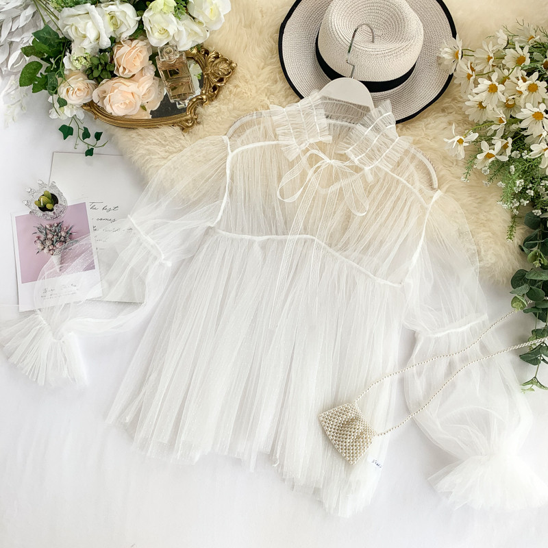 Κομψό γυναικείο πουκάμισο με κορδέλα και τούλι σε τρία χρώματα