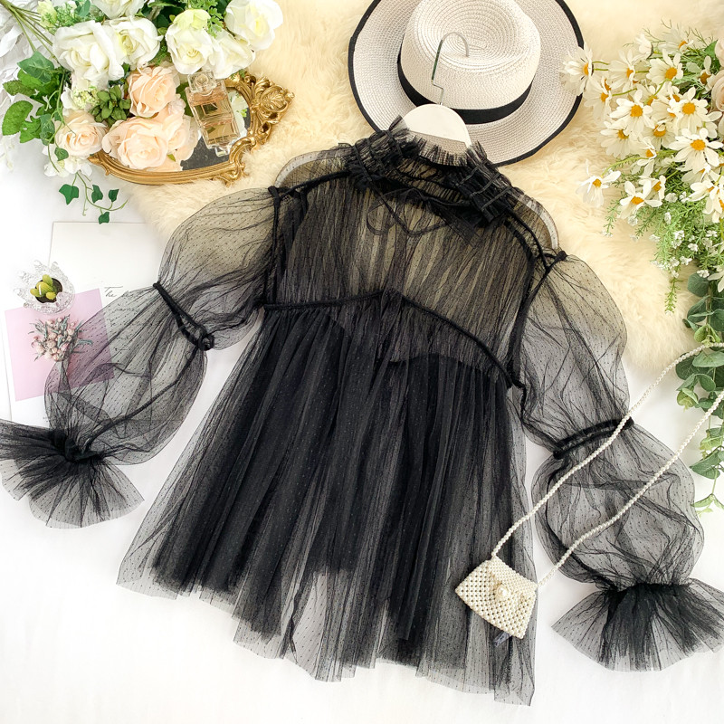 Κομψό γυναικείο πουκάμισο με κορδέλα και τούλι σε τρία χρώματα