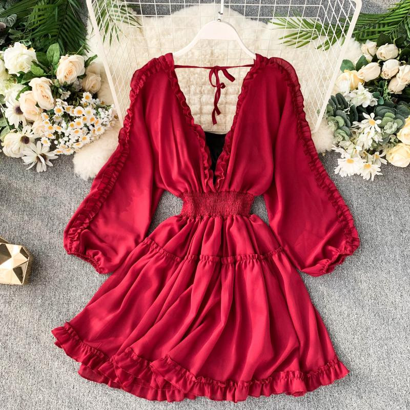 Rochie elegantă de damă, cu decolteu în V și mâneci lungi