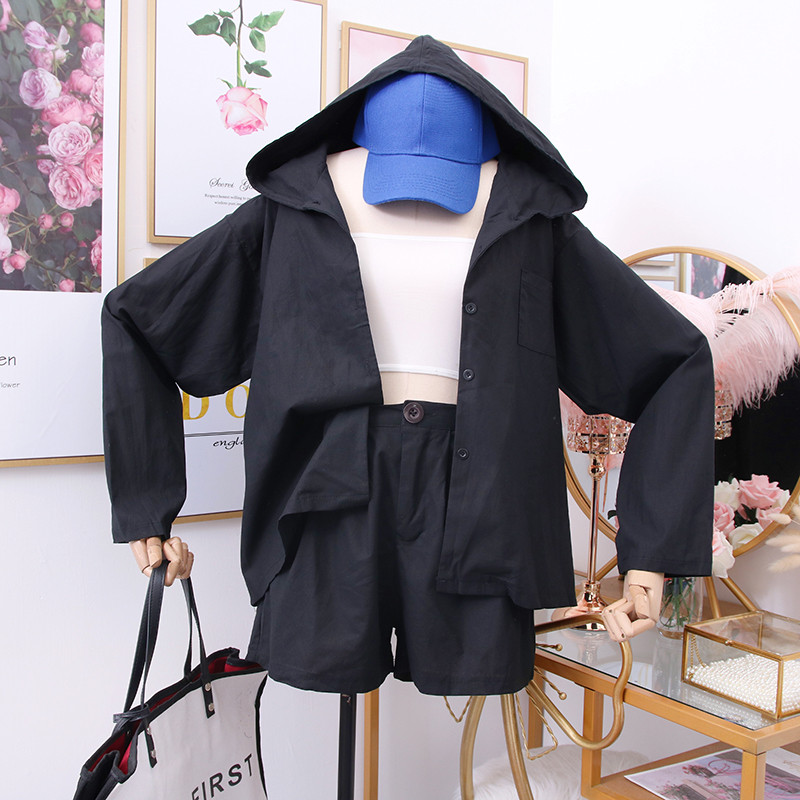 Set camasa de dama model nou cu gluga + pantaloni scurti in albastru si negru