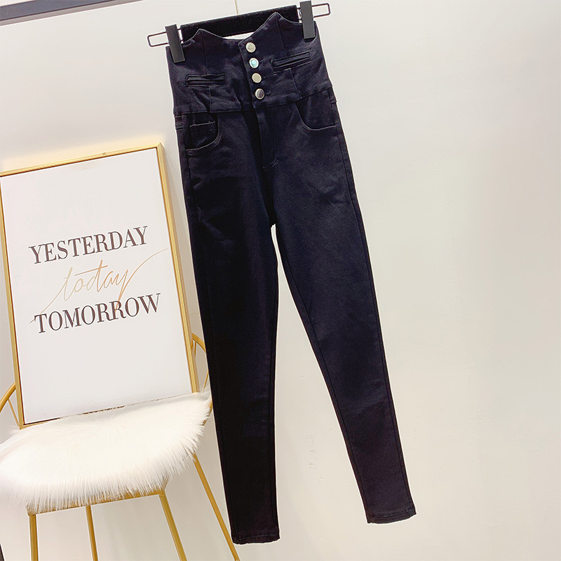 Blugi de dama cu talie inalta de culoare neagra si nasturi