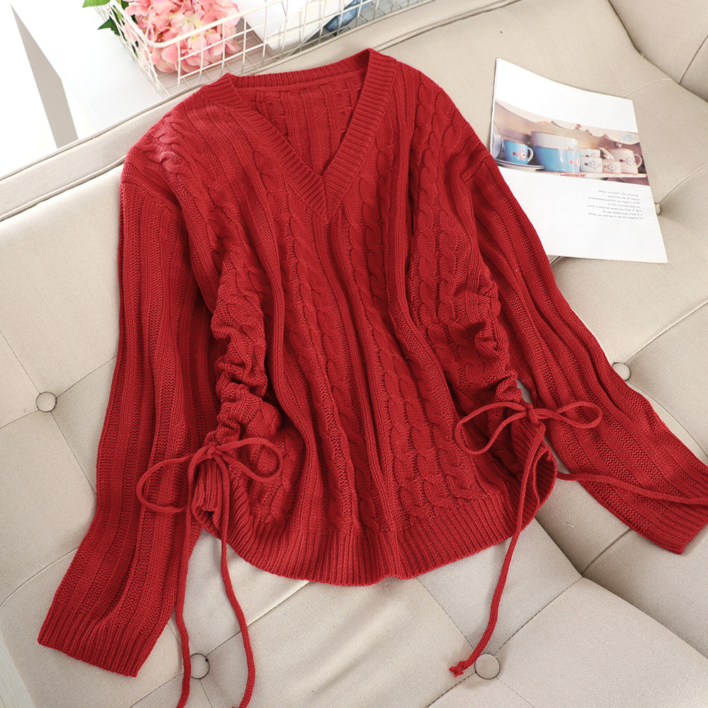 Pulover de dama cu decolteu spitz si cravate in diferite culori