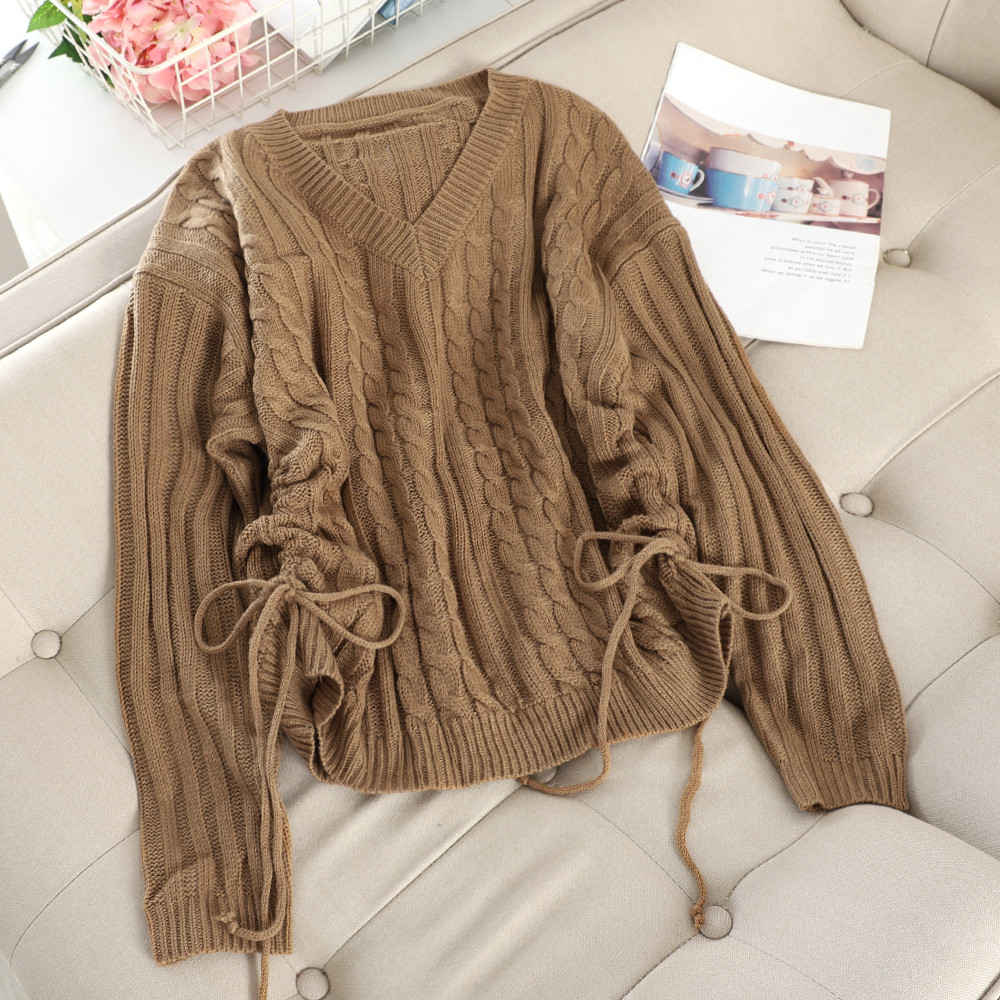 Pulover de dama cu decolteu spitz si cravate in diferite culori