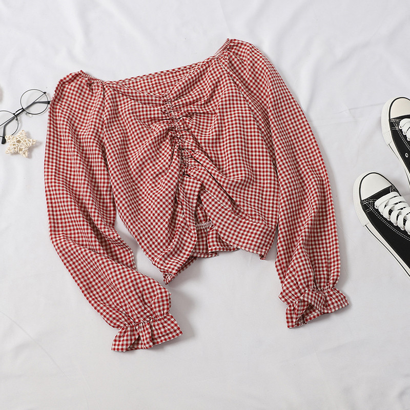 Καρό γυναικεία μπλούζα σε διάφορα χρώματα με V-neck