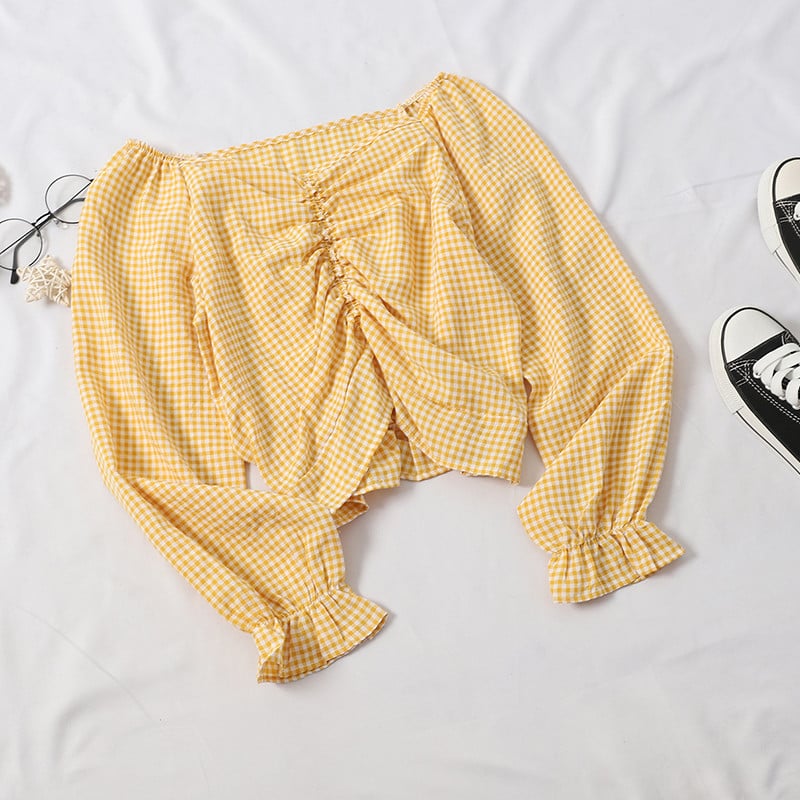 Καρό γυναικεία μπλούζα σε διάφορα χρώματα με V-neck