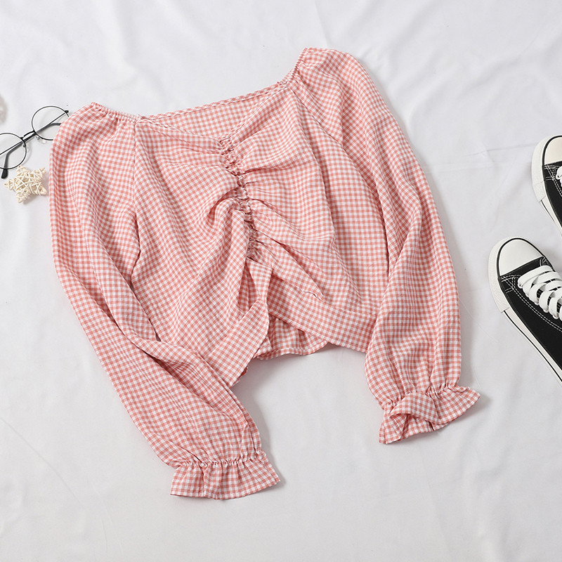 Καρό γυναικεία μπλούζα σε διάφορα χρώματα με V-neck