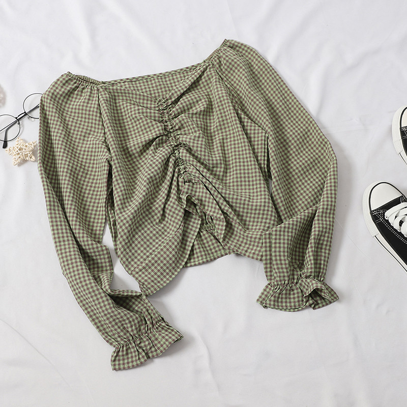 Καρό γυναικεία μπλούζα σε διάφορα χρώματα με V-neck