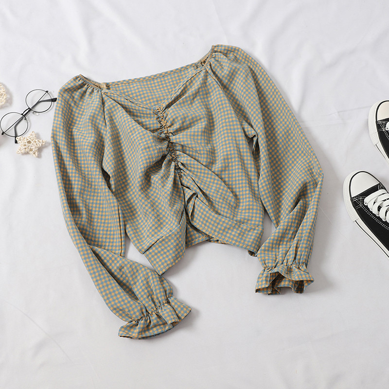 Καρό γυναικεία μπλούζα σε διάφορα χρώματα με V-neck