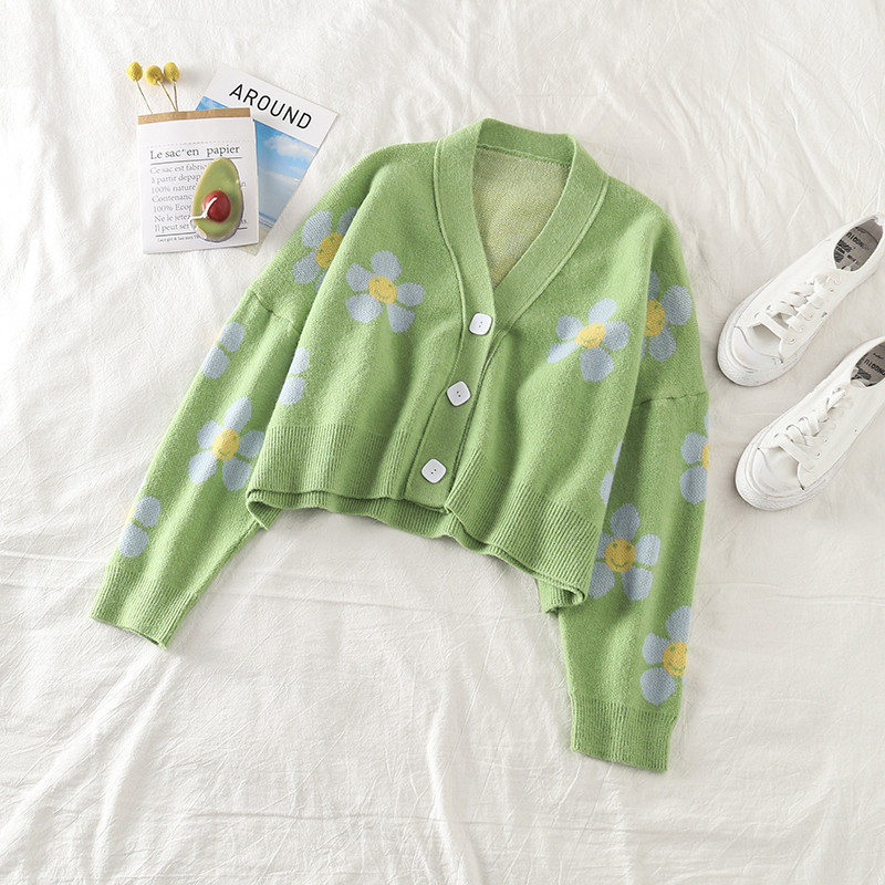 Cardigan scurt de dama cu model floral in verde si albastru