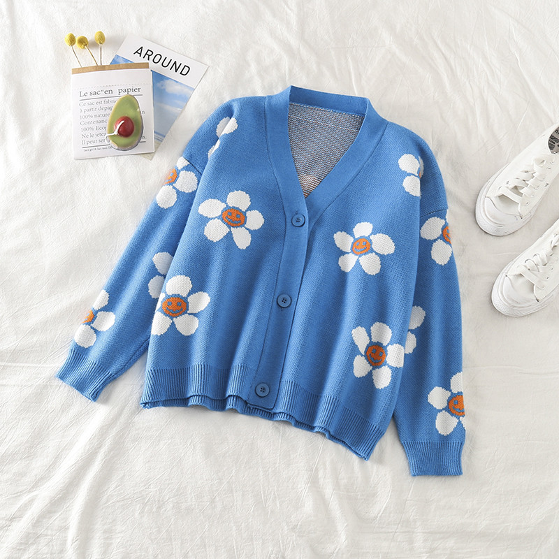 Cardigan scurt de dama cu model floral in verde si albastru