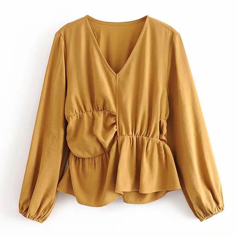 Bluză de damă modernă cu decolteu spitz de culoare galbenă