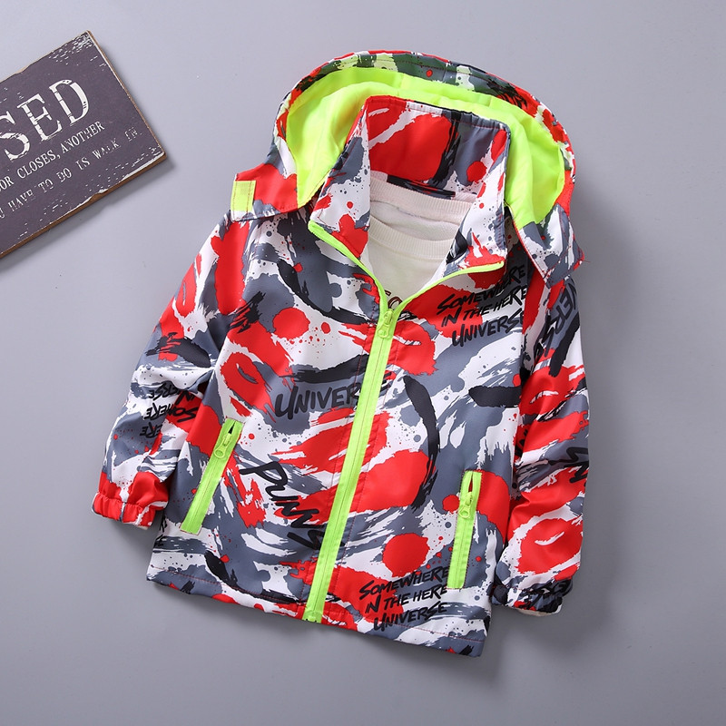 Geaca de copii model nou pentru fete cu gluga in albastru si rosu