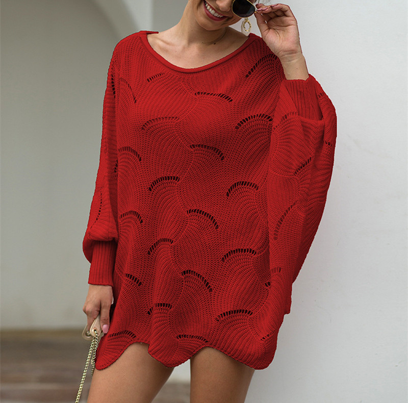 Μοντέρνο γυναικείο πουλόβερ  με φαρδιά μανίκια και λαιμόκοψη