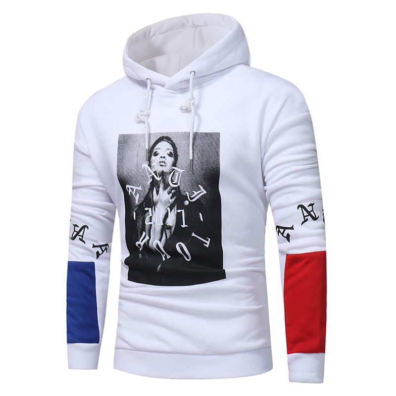 Νέο μοντέλο ανδρική μπλούζα με εκτύπωση και κουκούλα - λευκό και μαύρο χρώμα