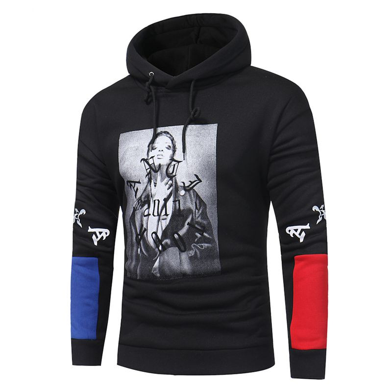 Νέο μοντέλο ανδρική μπλούζα με εκτύπωση και κουκούλα - λευκό και μαύρο χρώμα