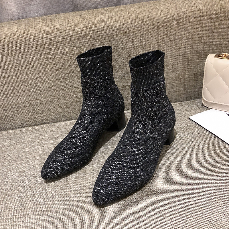 Cizme de dama stilate cu toc gros in doua culori - model ascutit