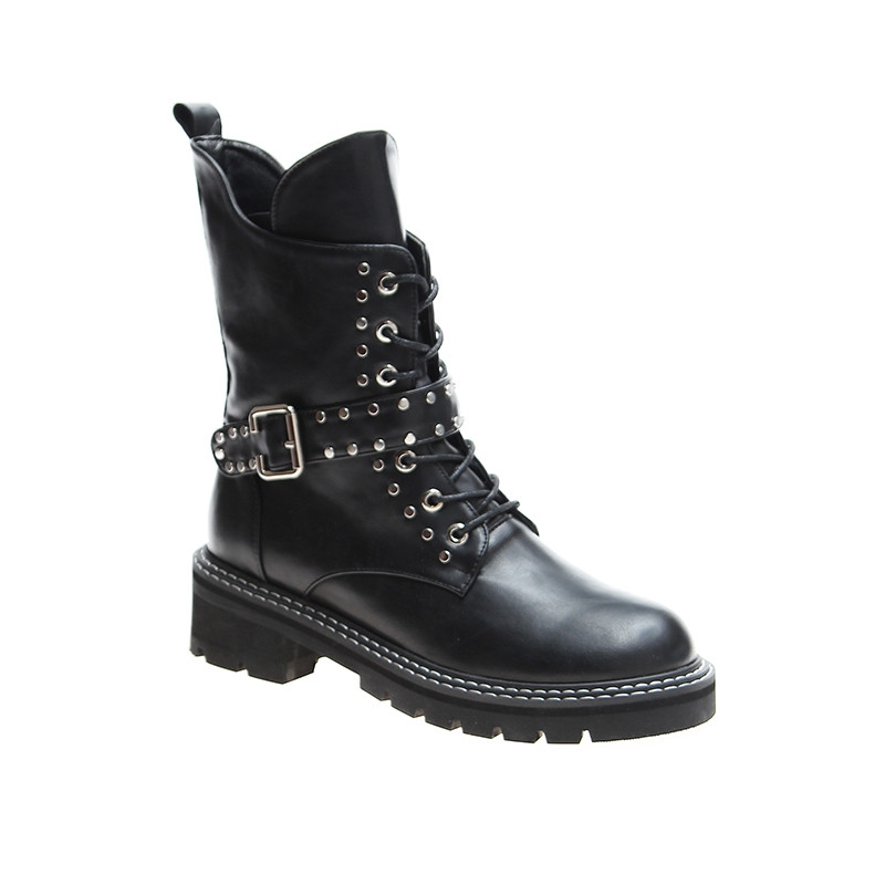 Μοντέρνες γυναικείες μπότες  με κορδόνια  και φερμουάρ σε μάυρο χρώμα