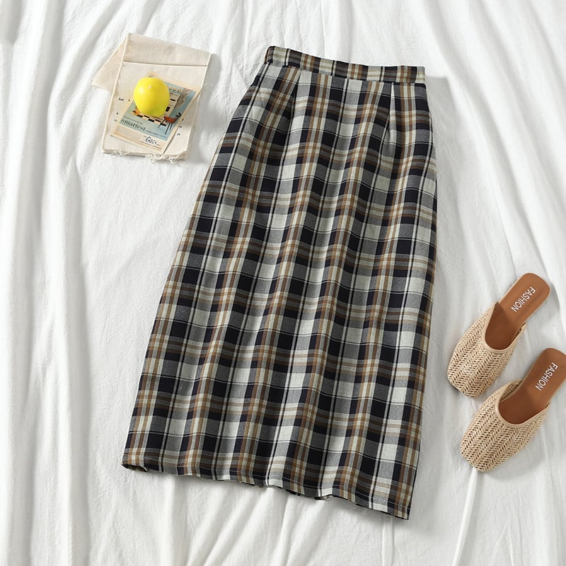 Fusta dama in carouri cu talie inalta in doua culori