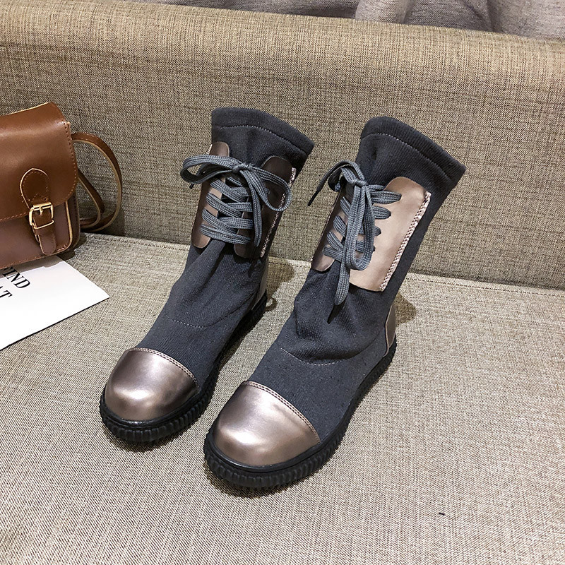 Cizme casual dama cu sireturi in negru si gri