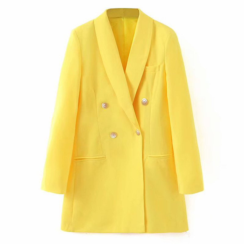Стилно дамско сако с  копчета и шпиц деколте в жълт цвят 