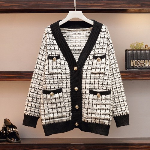 Vesta de dama de marime mare cu buzunare alb-negru