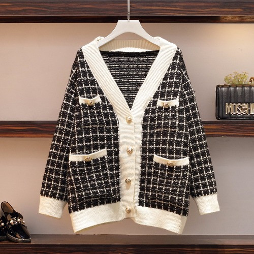 Vesta de dama de marime mare cu buzunare alb-negru