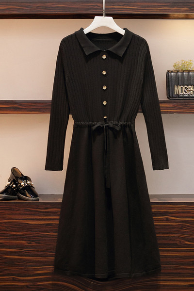 Rochie de iarna de dama cu sireturi in talie de culoare neagra