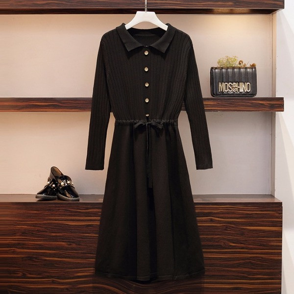 Rochie de iarna de dama cu sireturi in talie de culoare neagra