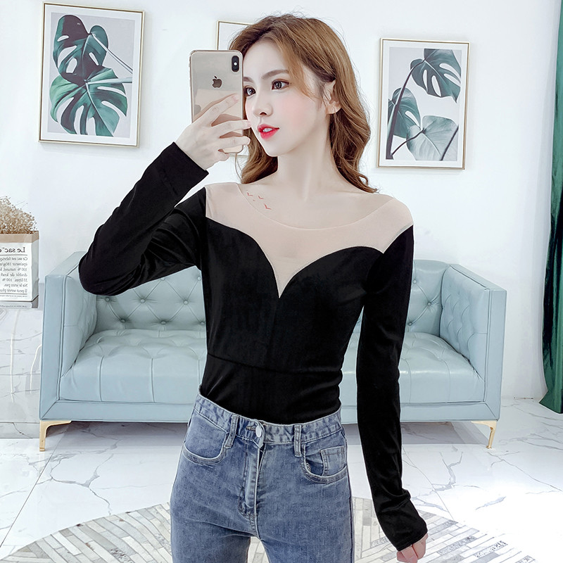 Bluză de damă modernă din catifea în negru și verde