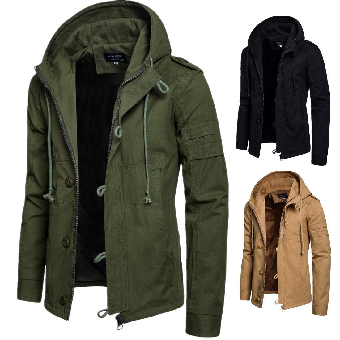 Men`s casual jacket with buttons and hood in three colors