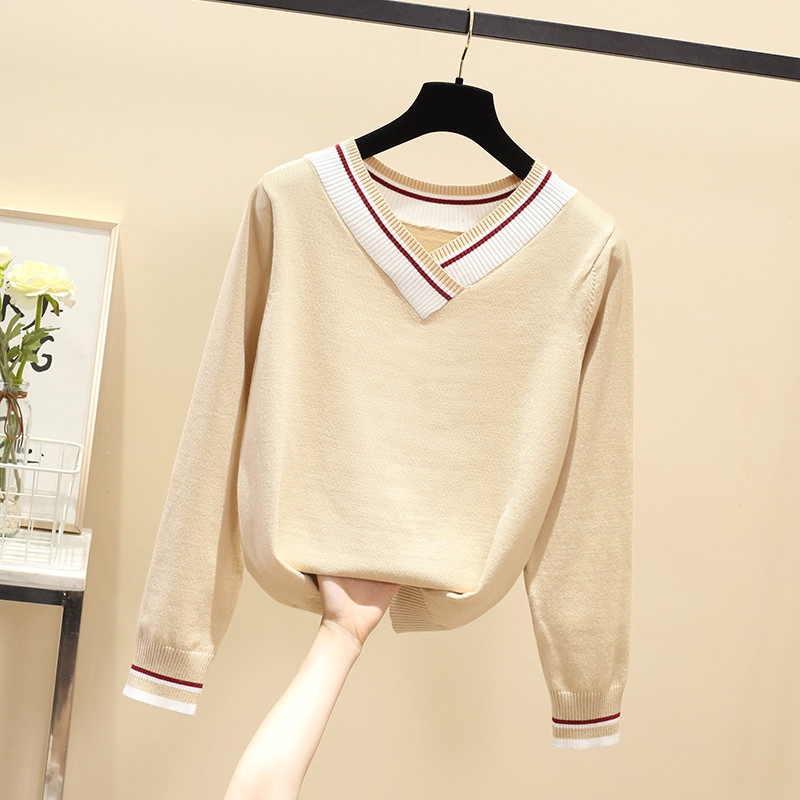 Pulover casual de dama cu decolteu spitz in negru, bej si albastru