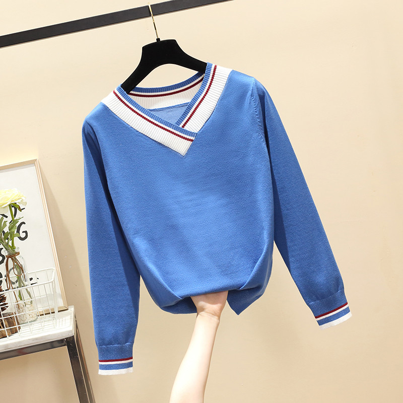 Pulover casual de dama cu decolteu spitz in negru, bej si albastru