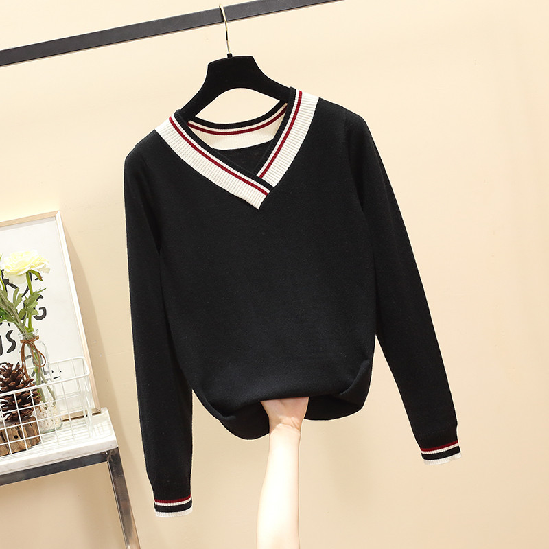 Pulover casual de dama cu decolteu spitz in negru, bej si albastru