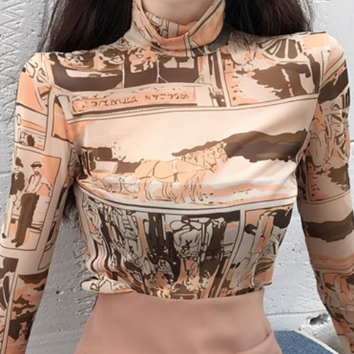 Γυναικέια μπλούζα με ψηλό γιακά και  χρωματιστό μοτίβο