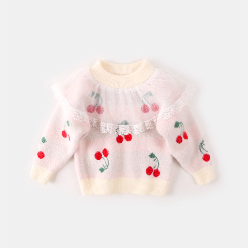 Нов модел детски пуловер с тюл и О-образно деколте за момичета