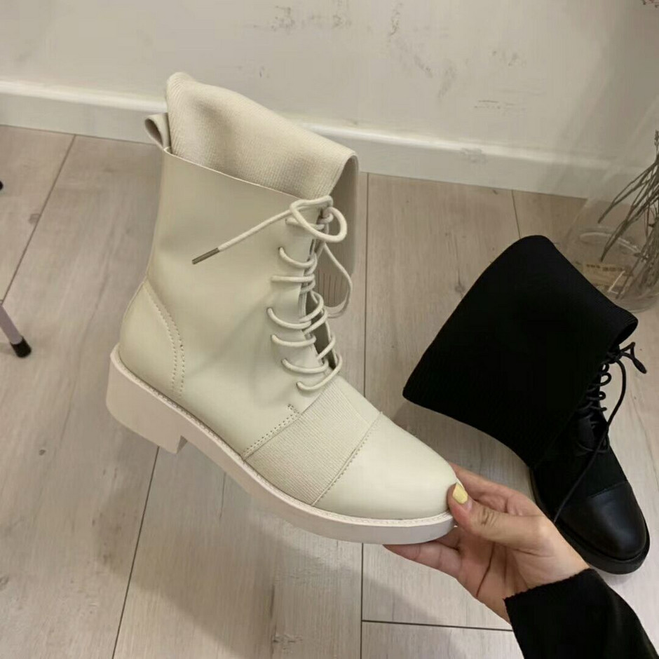 Cizme de dama cu sireturi tip soseta neagra si bej