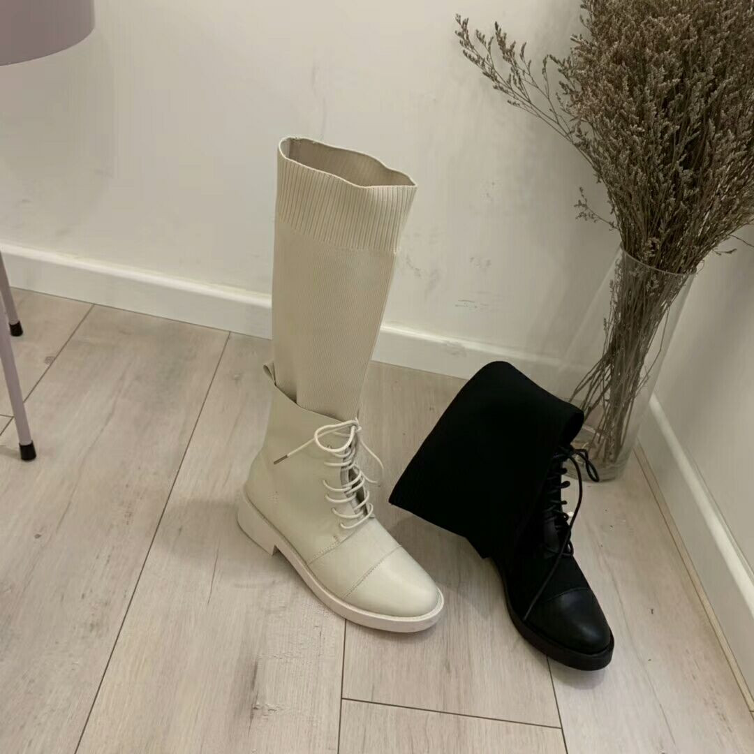 Cizme de dama cu sireturi tip soseta neagra si bej