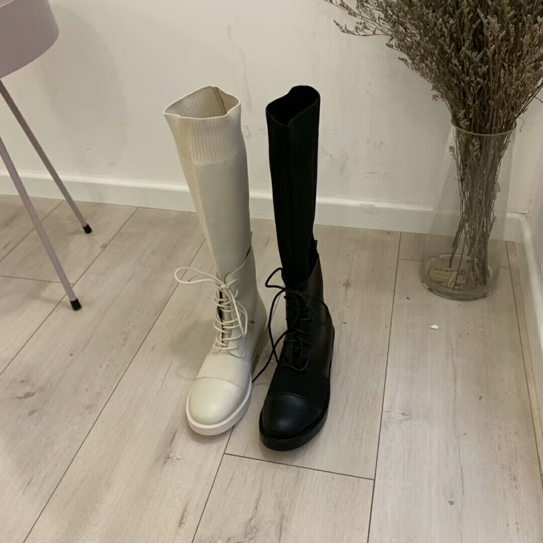 Cizme de dama cu sireturi tip soseta neagra si bej