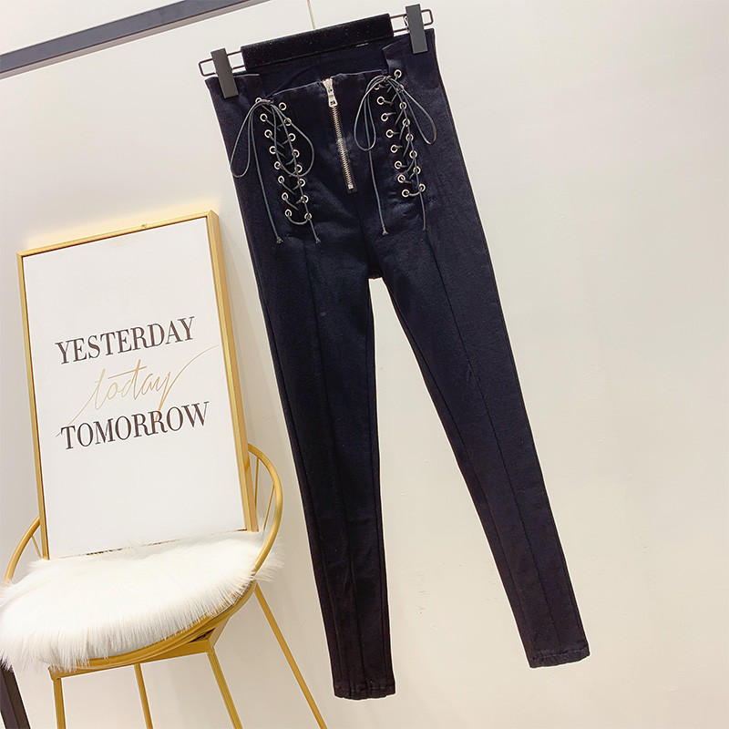 Pantaloni eleganti de dama cu cravate si fermoar in negru