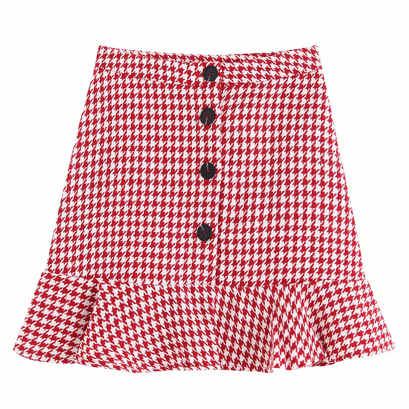 Fusta dama in carouri cu nasturi de culoare rosie