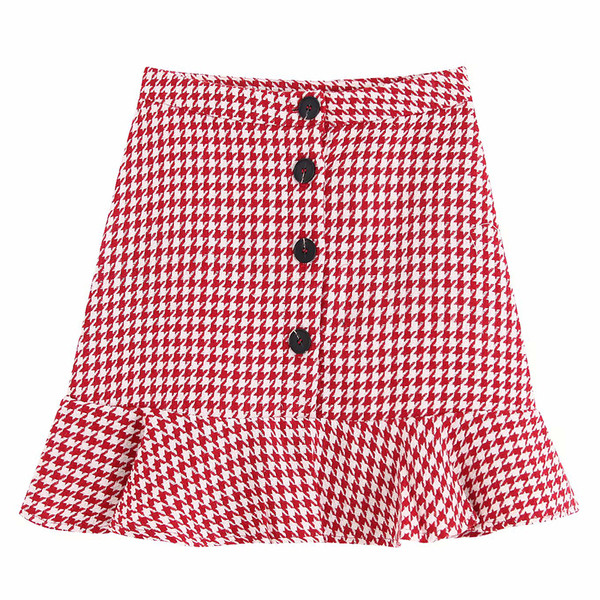 Fusta dama in carouri cu nasturi de culoare rosie