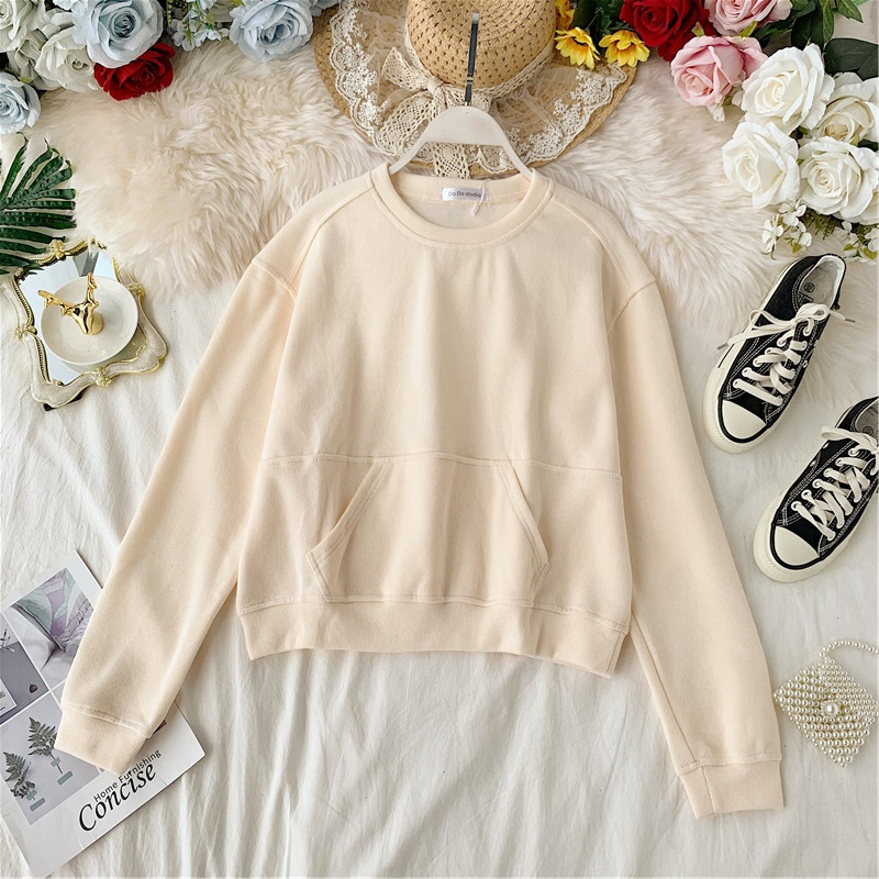 Μοντέρνο γυναικείο πουλόβερσε τέσσερα χρώματα με τσέπη και ωοειδές λαιμόκοψη