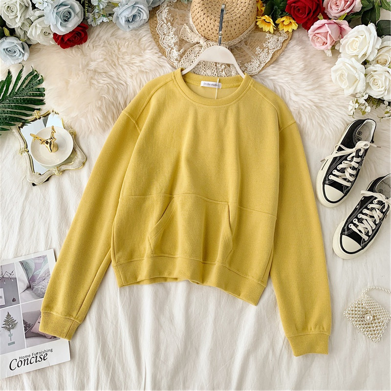 Μοντέρνο γυναικείο πουλόβερσε τέσσερα χρώματα με τσέπη και ωοειδές λαιμόκοψη