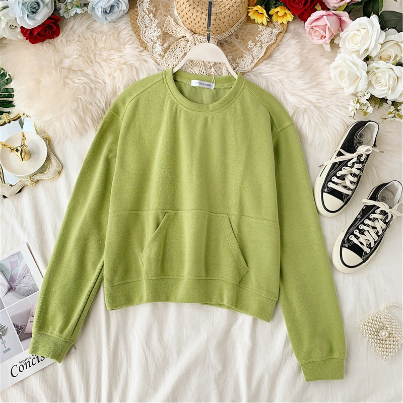 Μοντέρνο γυναικείο πουλόβερσε τέσσερα χρώματα με τσέπη και ωοειδές λαιμόκοψη