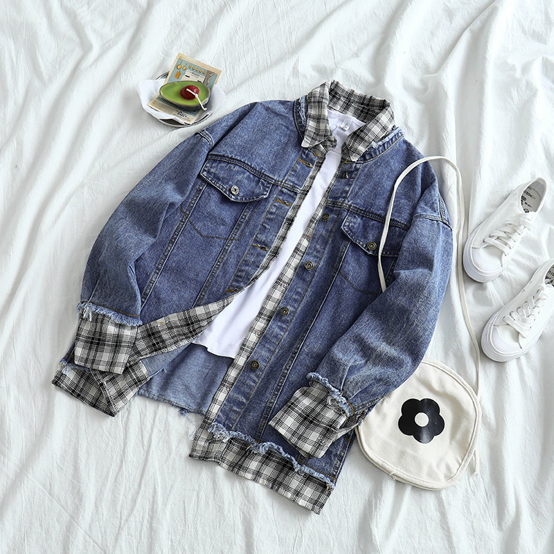 Jachetă de damă modernă din denim cu guler în carouri