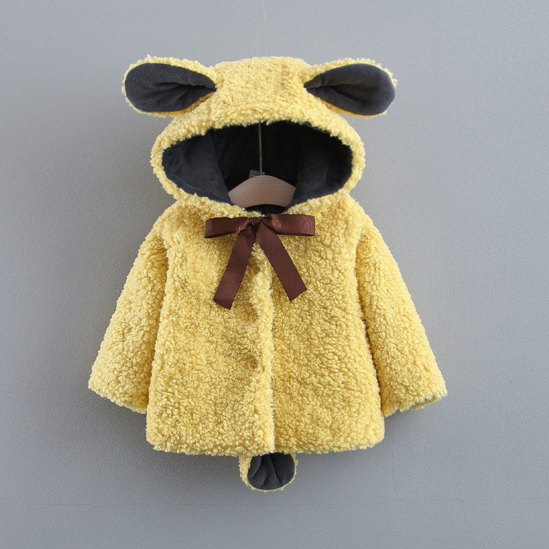 Geacă modernă pentru bebeluși cu nasturi și glugă în galben, verde și portocaliu